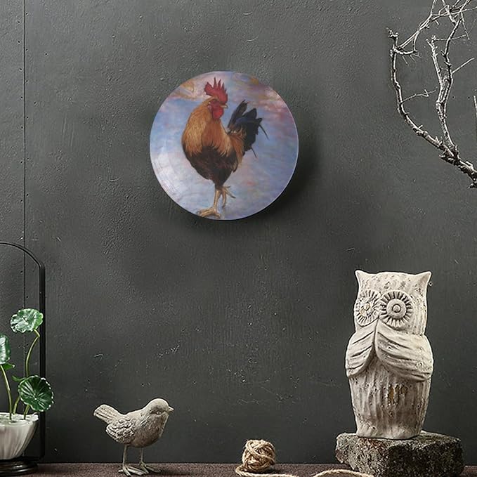 Rooster Decorative Ceramic Plates, 8 Inch, Watercolor Painting Rooster Round Display Plate, Table Top Plate Decor with Stand, for Home Kitchen Bedroom Decorative Ornaments