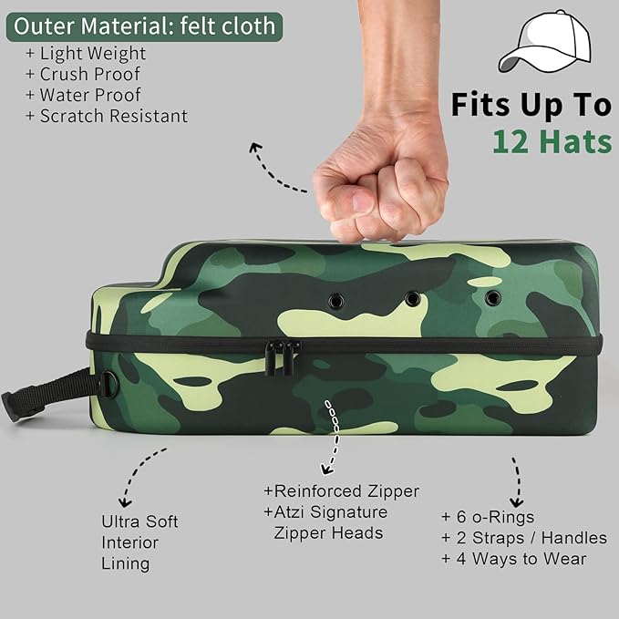 Hard baseball hat case, Hat Carrier Travel Case with Adjustable Shoulder Strap, Hat cap case for 12 Baseball Caps - Perfect for Traveling & At-Home Storage (Camo Green)