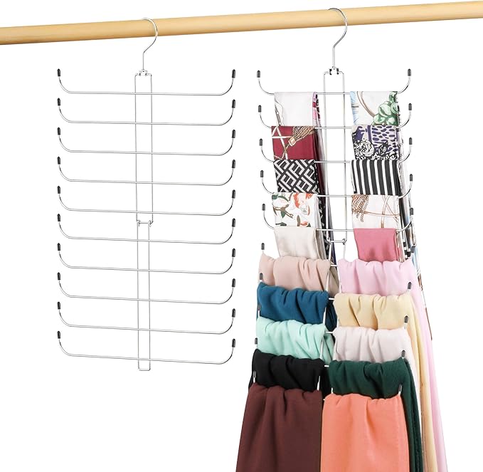 2 Pack Scarf Hanger for Closet, 40 Large Capacity Scarf Organizer, Space Saving Scarf Holder Hijab Rack Closet Organizers and Storage, Silver