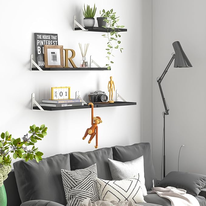 YGEOMER Floating Shelves for Wall, Different Sizes Black Wall Shelves for Living Room, Bathroom, Bedroom, Kitchen, Home Decor (Set of 4)