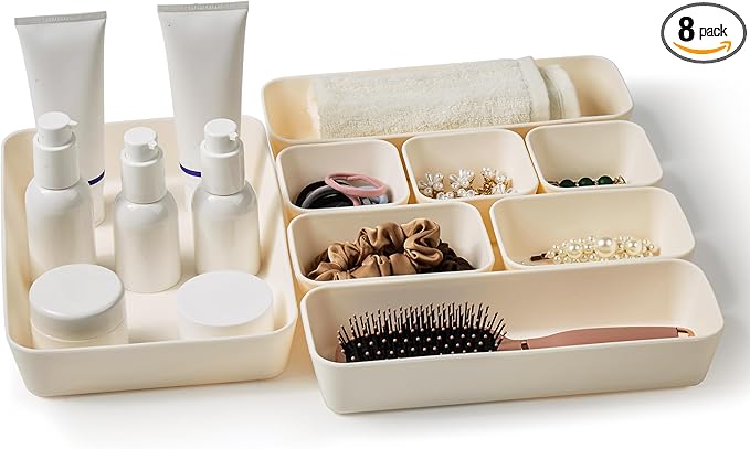 ISSEVE 8Pcs Nesting Silicone Drawer Organizer Trays, 4 Size Versatile Vanity Bathroom & Desk Drawer Organizer Set Storage Bins for Office,Kitchen,Nightstand,White