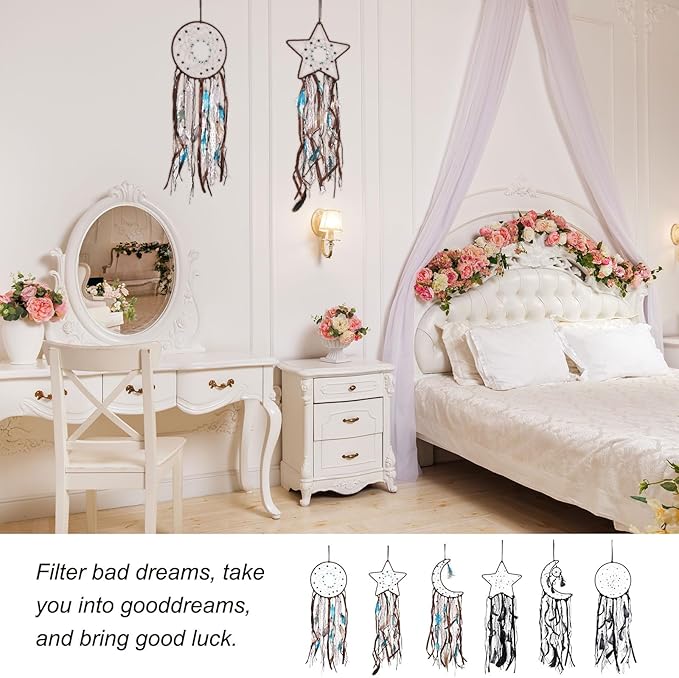 PATIKIL 28" Moon Sun Star Dream Catchers Set, Feather Handmade Dream Catchers Wall Hangings Art Decor for Home Wedding Bedroom Living Room Ornament,Pink