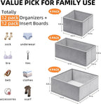 Criusia Drawer Organizer Clothes 12 Pack -Dresser Organizer Bins for Closet Bedroom - Baby Clothes Organizers and Storage for Nursery Organization -Drawer Organizer Divider for Sock Underwear-Grey