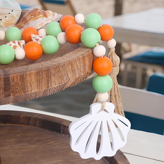 Meplait Wood Bead Garland, Coastal Tassel Garland with Shell Tag Beach Farmhouse Decor for Tiered Tray Table Centerpiece Wall Home Decoration