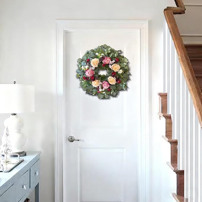 WANNA-CUL 24 Inch Spring Wreaths for Front Door,Spring Mothers Day Wreath Gifts Decorations with Pink,Champagne, Burgundy Rose and Eucalyptus Leaves for Valentines Day,Wedding or Indoor&Outdoor Decor