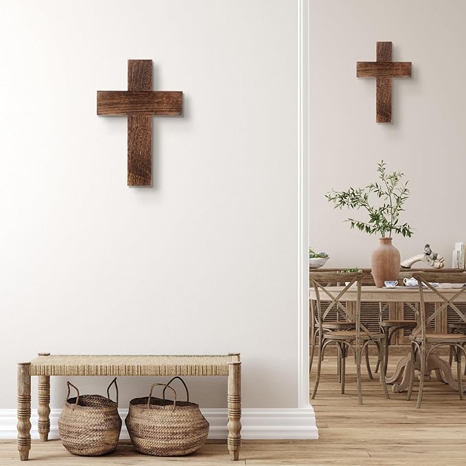 Geelin 4 Pcs Large Wooden Cross Wall Decor 16x11 Inch Hanging Cross for Craft Handmade Antique Religious Gifts Wooden Christians Wall Decor for Room Church Home Room(Brown)