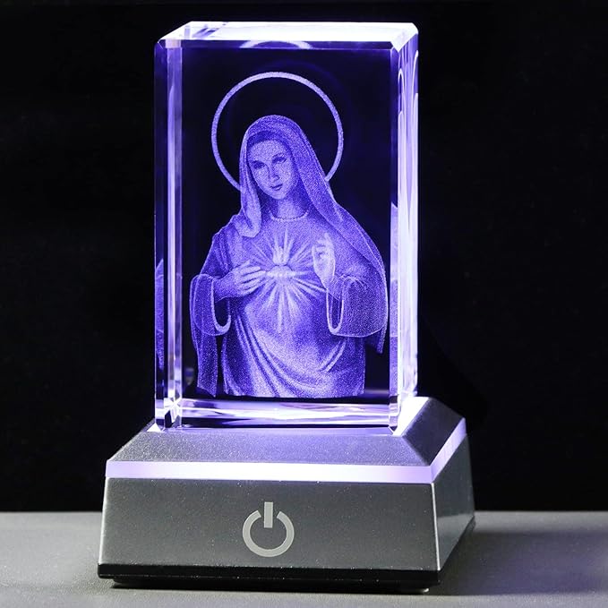 YWHL 3D Crystal Virgin Mary with Colorful Light Base, Laser Engrave Blessed Mother Religious Gifts for Women, Christian Gifts for Friend, Our Lady of Guadalupe