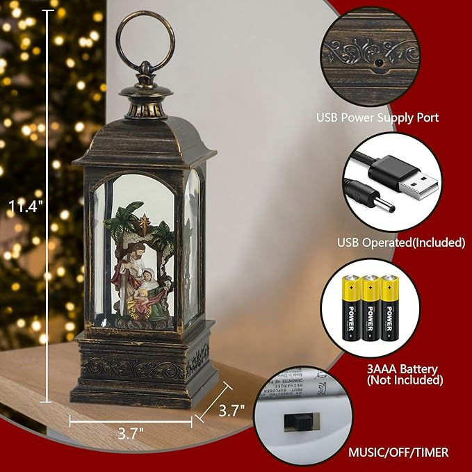 Christmas Snow Globe Swirling Glittering Nativity Scene with Timer & Music, Lighted Water Lantern USB Lined/Battery Operated for Christmas Festival Decoration Gifts - 11.4 inch (Jesus)