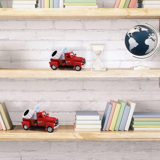 Youeon Farmhouse Red Truck Decor, 7x3.1x3.5 Inch Vintage Metal Pickup Truck Valentine Ornament Gift, Rustic Table Centerpiece, Small Garden Planter Truck Decoration