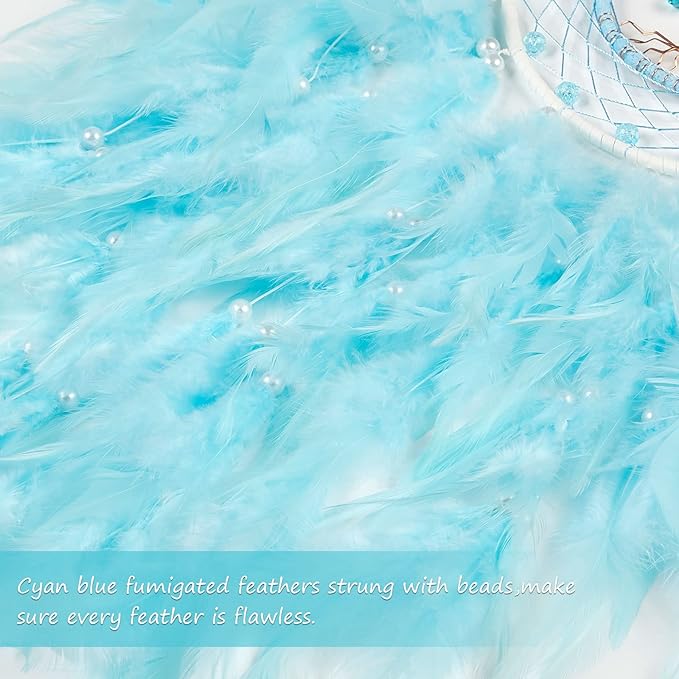 Dreamlike Cyan Blue Tree of Life Dream Catcher Wall Decor with Healing Crystal Stone Handmade Feather Dream Catchers Decoration Wall Hanging for Girls Bedroom Living Room Wedding Party Home Décor