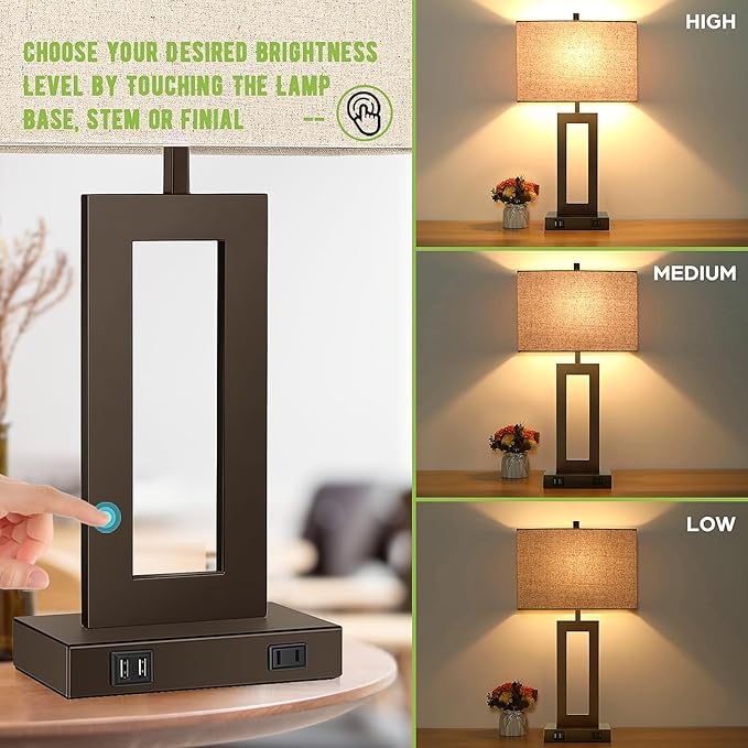 TOBUSA 28’’ Tall Brown Lamps for Living Rooms Set of 2, Modern Touch Control Table Lamps for Bedroom, 3 Way Dimmable Bedside Lamps with 2 USB Ports&AC Outlet, High-end Decor Lamp for Home Office