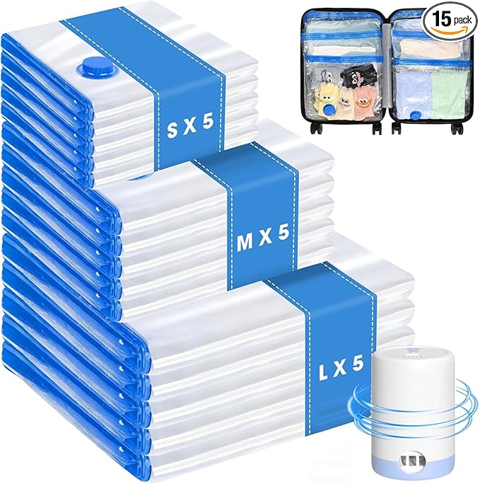 15 Pack Travel Vacuum Storage Bags with Cordless Electric Pump, Combo Rechargeable Space Saver Vacuum Seal Bags for Clothing Travel Vaccine Sealed Storage Bag for Comforters Blankets Clothes
