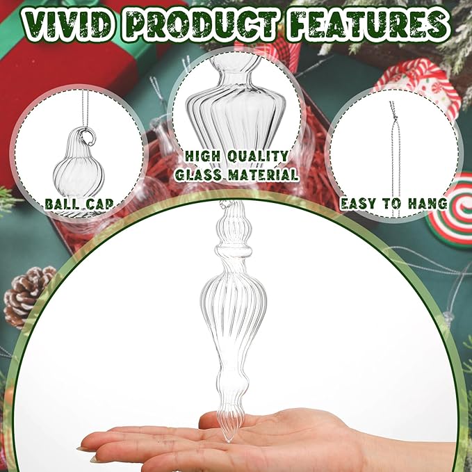 Mifoci 8 Pcs 6 Inch Mercury Glass Finial Christmas Ornaments Hanging Christmas Finials Glass Ornaments Assorted Mercury Decor for Vintage Holiday Xmas Tree Decoration(Clear)