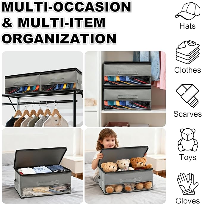 2 PCS Stackable Hat Storage for Baseball Caps, Space Saving Hat Organizer Box for Closet, with Cardboard, Clear Window Lid and 3 Handle, Each Holds 12 Hats, Grey
