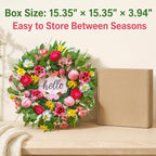 Spring Summer Wreaths for Front Door 24 Inch with Cherry Blossom,Pink Roses & Hello Sign,Summer Door Wreath for Entryway,Porch & Home Décor Indoor Outdoor