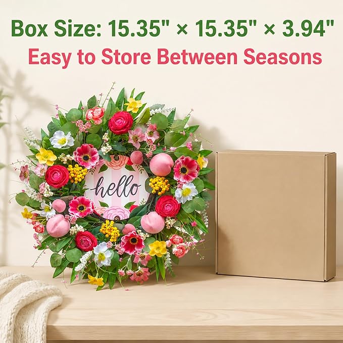 Spring Summer Wreaths for Front Door 24 Inch with Cherry Blossom,Pink Roses & Hello Sign,Summer Door Wreath for Entryway,Porch & Home Décor Indoor Outdoor