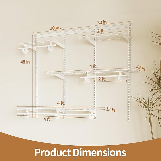 4-6 Ft Closet Organizer System, Adjustable Metal Wire White Closet System, Expandable Walk in Closet Organizers and Storage System, Closet Shelves with Hanging Rods