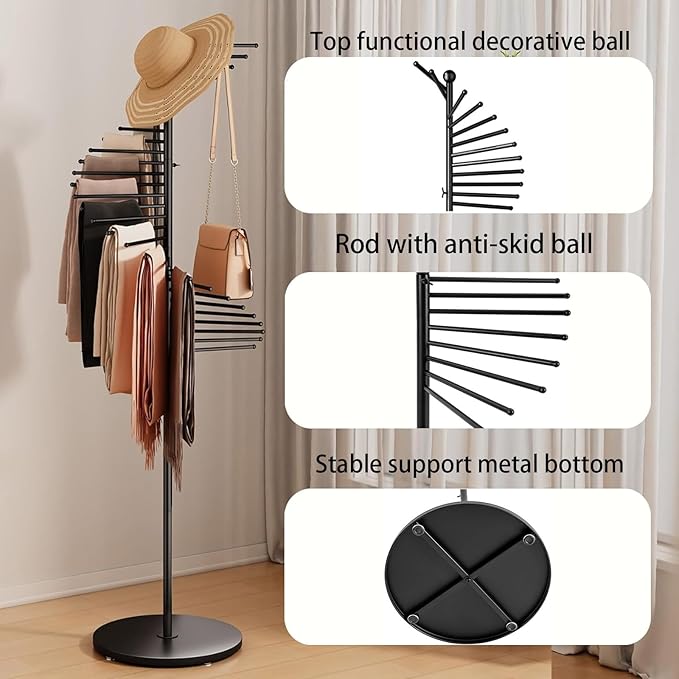 Scarf Hanger Organizer Stand Metal Scarf Display for Multiple Scarves Spiral Hijab Hanger Black Tie Rack with 30 Bars Heavy Duty Pant Hanger Space Saving Commercial Holder for Tie, Belt, Chothes