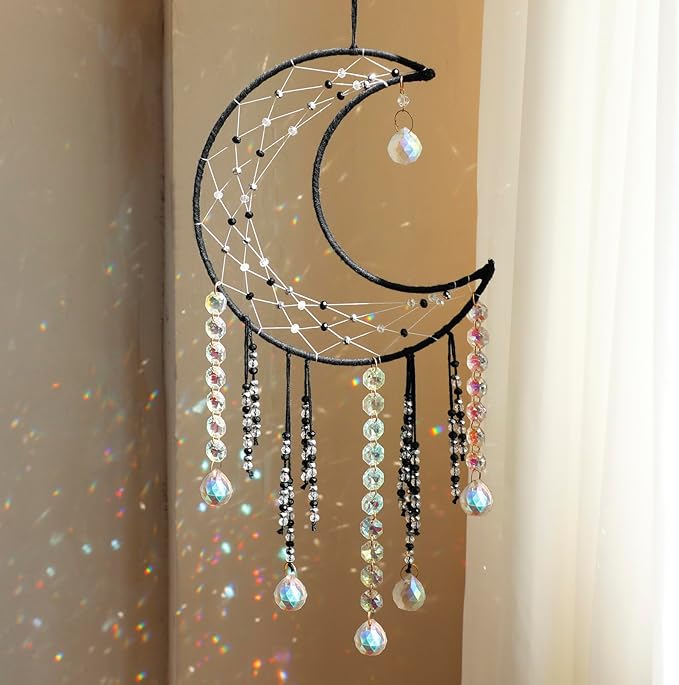 Artilady Crystal Dream Catchers Crystals - Large Black Boho Moon Dream Catcher Wall Decor House Decorations for Home Bedroom Room Decor Christmas Birthday Gifts for Girls Kids Adults