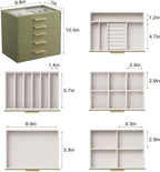 Jewelry Box Organizer Case for Women: 5-Layer Jewelry Storage Case with Glass Window, Olive Green Leather with Cream Velvet, Holder for Ring Necklace Bracelet Brooch Watch, Great Gift for Her