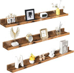 HOOBRO Floating Shelves, Wall Shelf Set of 3, 47.2 Inches Hanging Shelf with Raised Edge and Invisible Brackets, for Bathroom, Bedroom, Kitchen, Office, Living Room Decor, Rustic Brown BF92BJ01