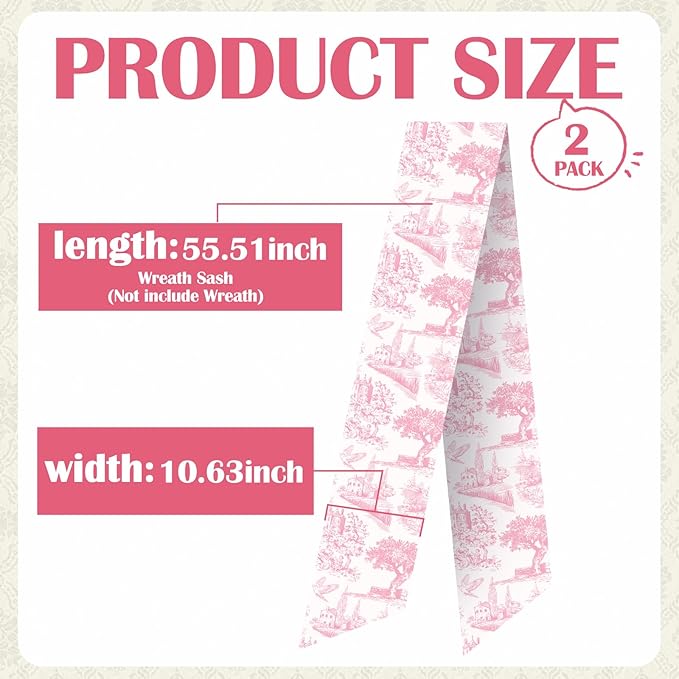 Pink French Toile Wreath Sash - 2 Pcs Sashes for Wreath Front Door Baby Shower Wedding, Rustic Wreaths Sash for Embroidery Monogram Garland Indoor Outdoor
