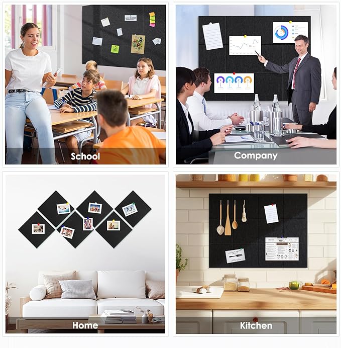 Large Felt Bulletin Board 48" x 36", Cork Board Alternative, 12 Pack Felt Wall Tiles with Push Pins and Adhesive Tabs, Cork Boards for Walls Pin Board for Office & HomePanels, Black