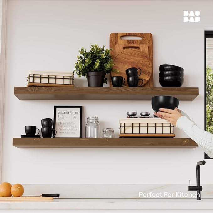 BAOBAB WORKSHOP Solid Wood Floating Shelves for Wall 36 Inches Long, Heavy Duty Wall Shelf for Bedroom 36 Inch Large, Real Wooden Bathroom Shelf Kitchen Rustic, Walnut Shelves, 36W × 6.7D, Set of 2
