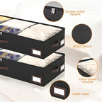 OIAHOMY 2 Pack Under Bed Storage, 6 Inch High Under Bed Storage Containers with Adjustable Dividers, Dual Zippers, &Clear Lid, 53L Under Bed Drawers For Clothes, Blankets, Clothing, & Shoes, Black
