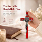 TALPGOD St Benedict Crucifix Silver Red 7.2 Inch,Crucifix Wall Cross for Catholic Decor,Jesus Christ Hanging Cross Wall Art Decor,Escapularios Catolicos,Saint Benedict Medal for Home Decoration