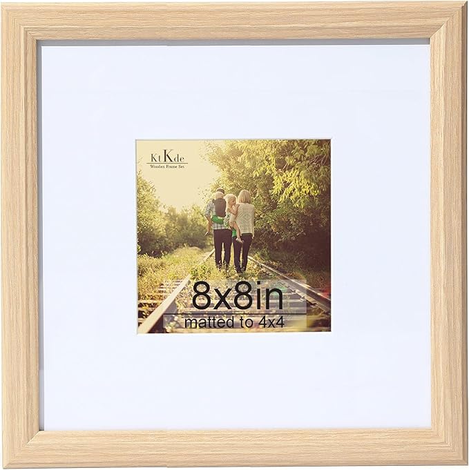 KTKDE 8x8 Picture Frame Real Glass, Display Pictures 4x4 with Mat or 8x8 Without Mat, Modern Style Wood Composite Frame,Gallery Wall Frame & Table Top Display，best gift