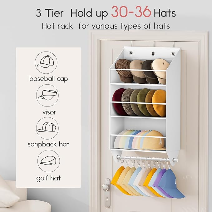Over the Door Hat Rack - 3-Layer Design Hat Organizer Holds 30-36 Hats with 10 Hooks, Ideal Hat Rack for Door, Over the Door Organizer for Closet, Apartment, Bedroom, Dorm, 2 Pack, White