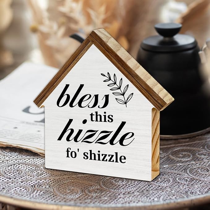 Housewarming Gifts New Home, Bless This Hizzle for Shizzle House Shaped Wood Sign, New Home Gifts for Friends, Rustic Farmhouse House Decor