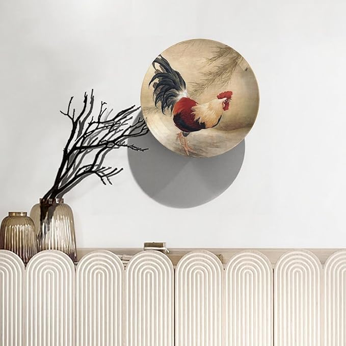 Rooster Decorative Plates, 6 Inch, Rooster In The Reeds Round Display Plate, Hanging Decorative Plate with Display Stand, for Kitchen Living Room Office Countertop Decor
