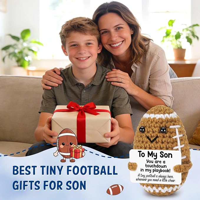 Belatelove Mini Funny Son Gifts from Dad Mom, Handmade Crochet Football with Inspirational Card, Fathers Day Birthday Gift for Son, Unique Football Doll for Desk Decor