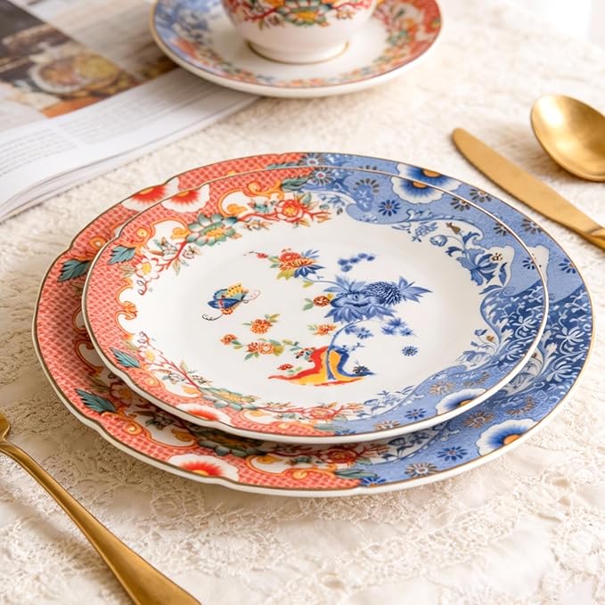 KAMMAK Ceramic Decorative Plate Set of 2, Porcelain Plates for Kitchen Dining Room Wine Cabinet Home Decor, Vintage Collector Plates with 2 Display Stand, Lotus Pattern (8-inch + 10-inch)