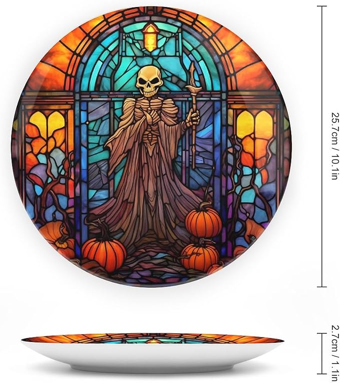 Halloween Spooky Stained Glass Design Decorative Plates Home Decor Ceramic Plates, Dinner Plates Display for Living Room, Kitchen, Hallway Console Side Table, Presents for Halloween, 10 Inch
