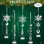20pcs Christmas Ornaments Christmas Tree Decorations Hanging Acrylic Snowflake Icicle Crystal Ornaments with Drop Pendarts for Christmas Decorations Indoor Xmas Tree Winter New Year Party Supplies