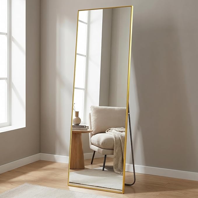 BEAUTYPEAK Full Length Mirror, 57"x18" Standing Hanging or Leaning Against Wall Floor Mirrors Body Dressing Wall-Mounted for Living Room, Bedroom with Aluminum Alloy Thin Frame, Gold