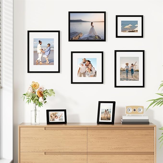 Vittanly 12x16 Picture Frames Set of 9, Shatter Resistant Plexiglass, Display 11x14 Pictures with Mat or 12x16 without Mat, Photo Frames for Wall Mount, Engineered Wood, Black