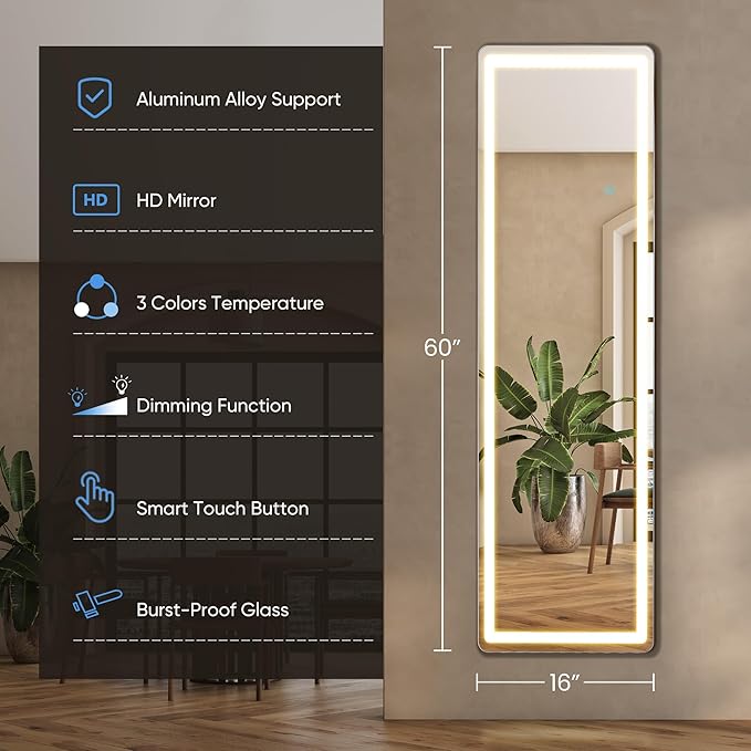 DUMOS LED Mirror Full Length with Stand, 16"x60" Full Body Wall Mirror with LED Lights 3 Color Lighting, Hanging or Leaning, Floor Standing, Modern Simple Home Wall Decor