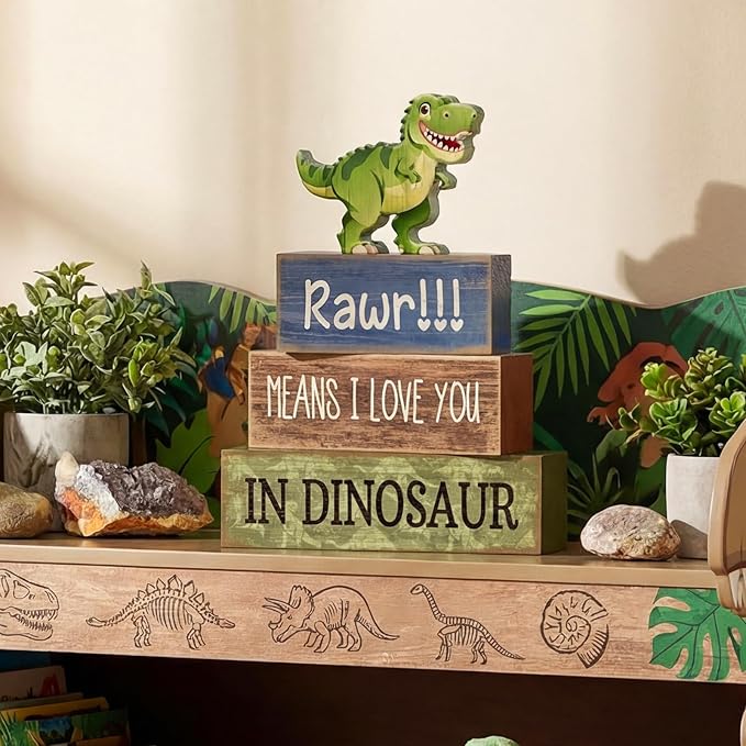 Lineshading 4 Pcs Dinosaur Table Decorations Wooden Dinosaur Decor Dino Safari Party Centerpieces for Table Jungle Animal Theme Baby Shower Tabletop Stand for Boys Girls Birthday Party Decorations