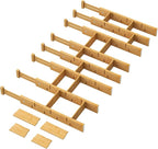 Bamboo Drawer Dividers - Adjustable Drawer Dividers for Clothes, Kitchen, Closet & Office - 8 Pack with Inserts, 18-22.6 Inches, Non-Slip Silicone Ends