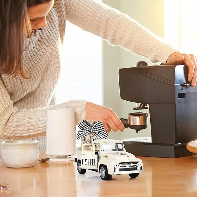 Coffee Decor for Coffee Bar Metal Truck with Coffee Beans Burlap Sack Vintage Pickup Mini Diecast Truck for Farmhouse Coffee Station Home Coffee Bar Tabletop Decorations