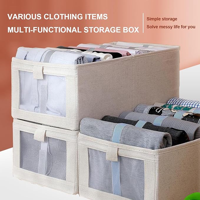 Cotton Linen Drawer Organizer Bins Set of 2 - No Lid Clothes Storage Drawers, Fabric Foldable Stackable Organizers for Closet Bedroom Dorm Underbed Storage