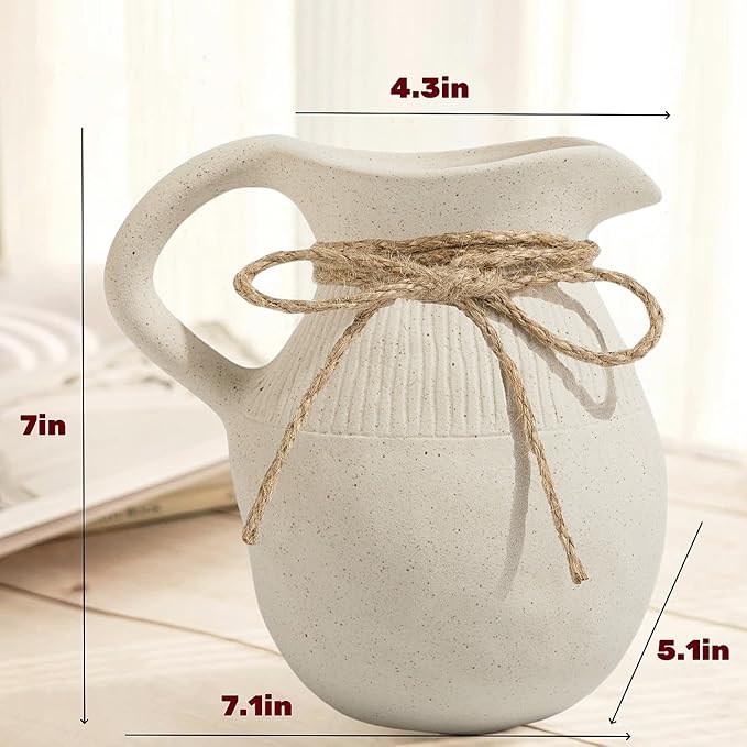 Farmhouse Ceramic Vase with Handle, Rustic Ceramic Pitcher Vases for Home Decor, Decorative Pottery Jug Flower Vase, Centerpiece for Your Kitchen/Bedroom/Office/Living Room/Shelf/Mantel