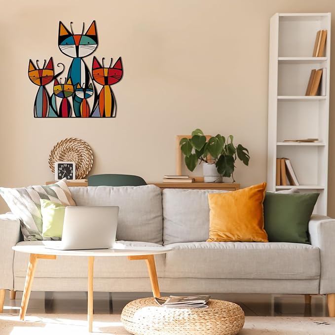 Wesiti Cat Wall Art Decor Iron Wall Sculptures Decor for Cats Lover 10.2 x 11.8 Inches Colorful Mid Century Cat Retro Signs for Home Living Room Bedroom Kitchen Office(Trendy)