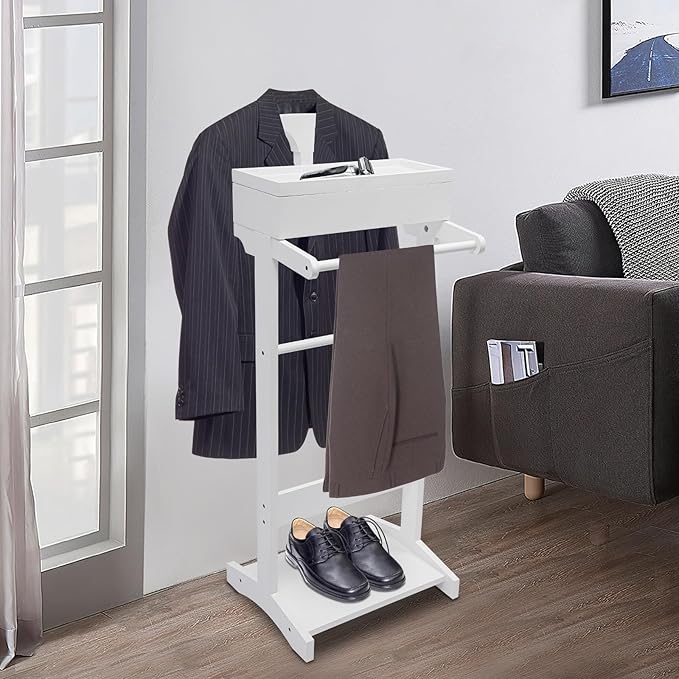 Suit Valet Stands for Women and Men Clothes Wood Valet Stand with Base Freestanding Clothing Organizer Valet Stand Contour Hanger Trouser Bar Belt Hooks for Office Living Room (White)