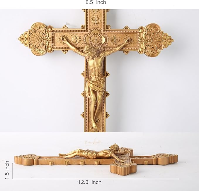 BC Catholic Crucifix Wall Cross, 12"H Jesus Christ Religious Home Decor, Catholic Wedding Gift, Gold Color Finish, Hand-painted by Buildclassic