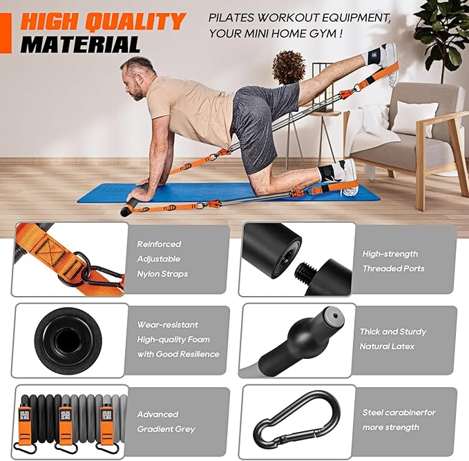 Pilates Bar Kit with Resistance Bands, Heavy Duty Pilates Equipment for Men, Training Bands with Handles for Legs, Hip, Back, Arm, Abs, Chest, Shoulders, Portable Home Gym Workout Equipment